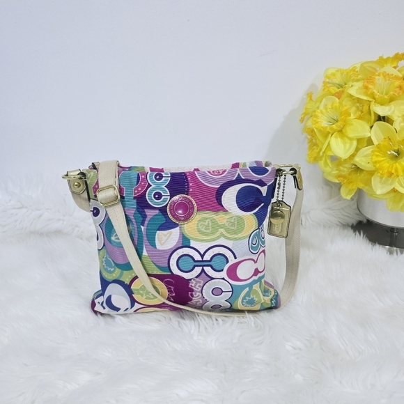 Coach Pop C Graffiti Crossbody Purse Bag Multicolor Gold Hobo Duffle Adjustable - Picture 1 of 17